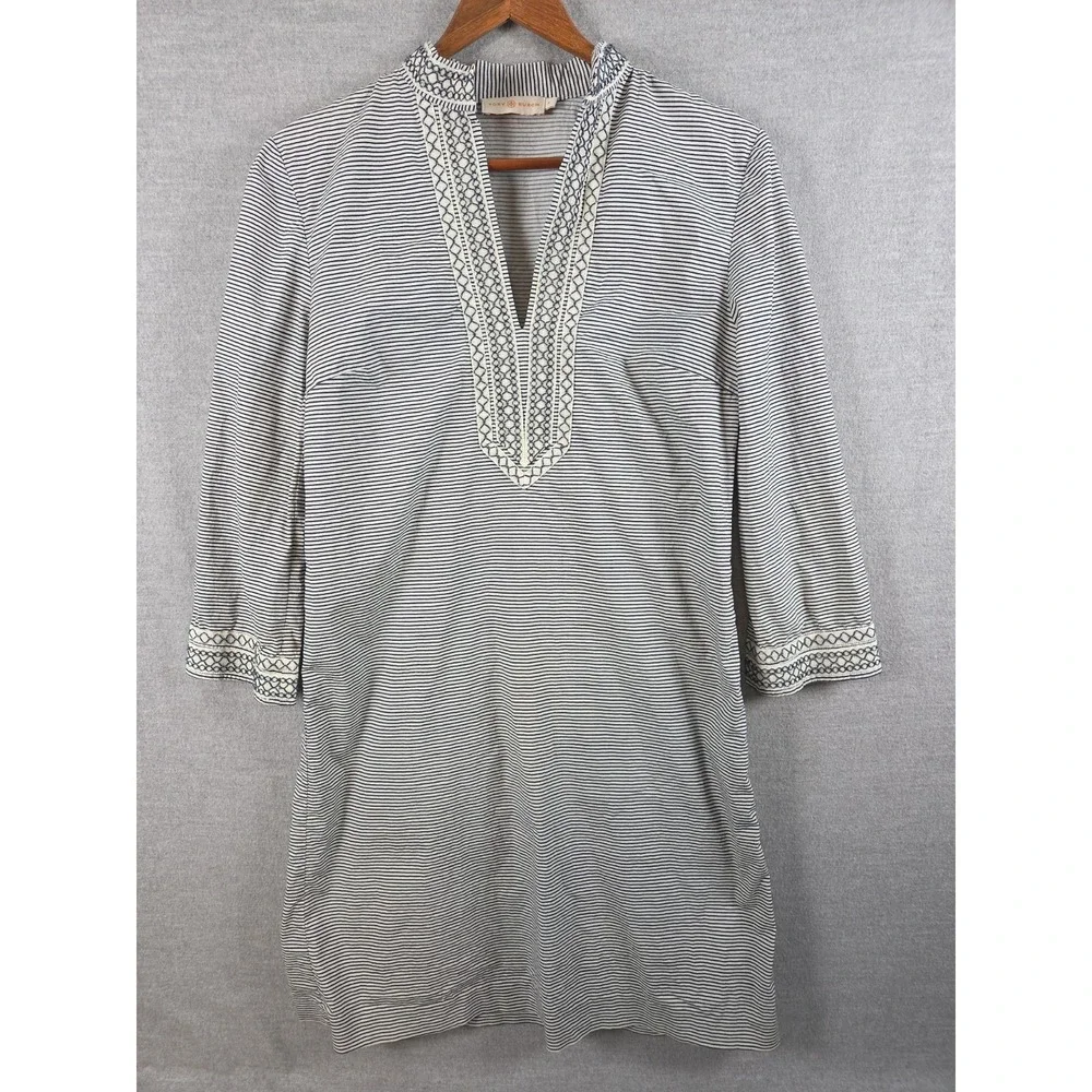 tory burch embroidered tunic dress Tory Burch Therese Tunic Dress Embroidered Belted Black V-Neck Cotton Women's 2